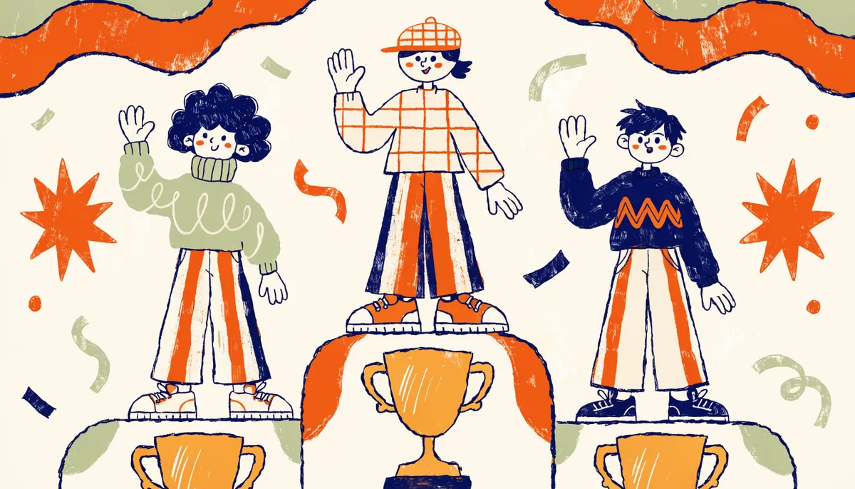 Retro cartoon illustration of three students standing on a podium with trophies of different sizes