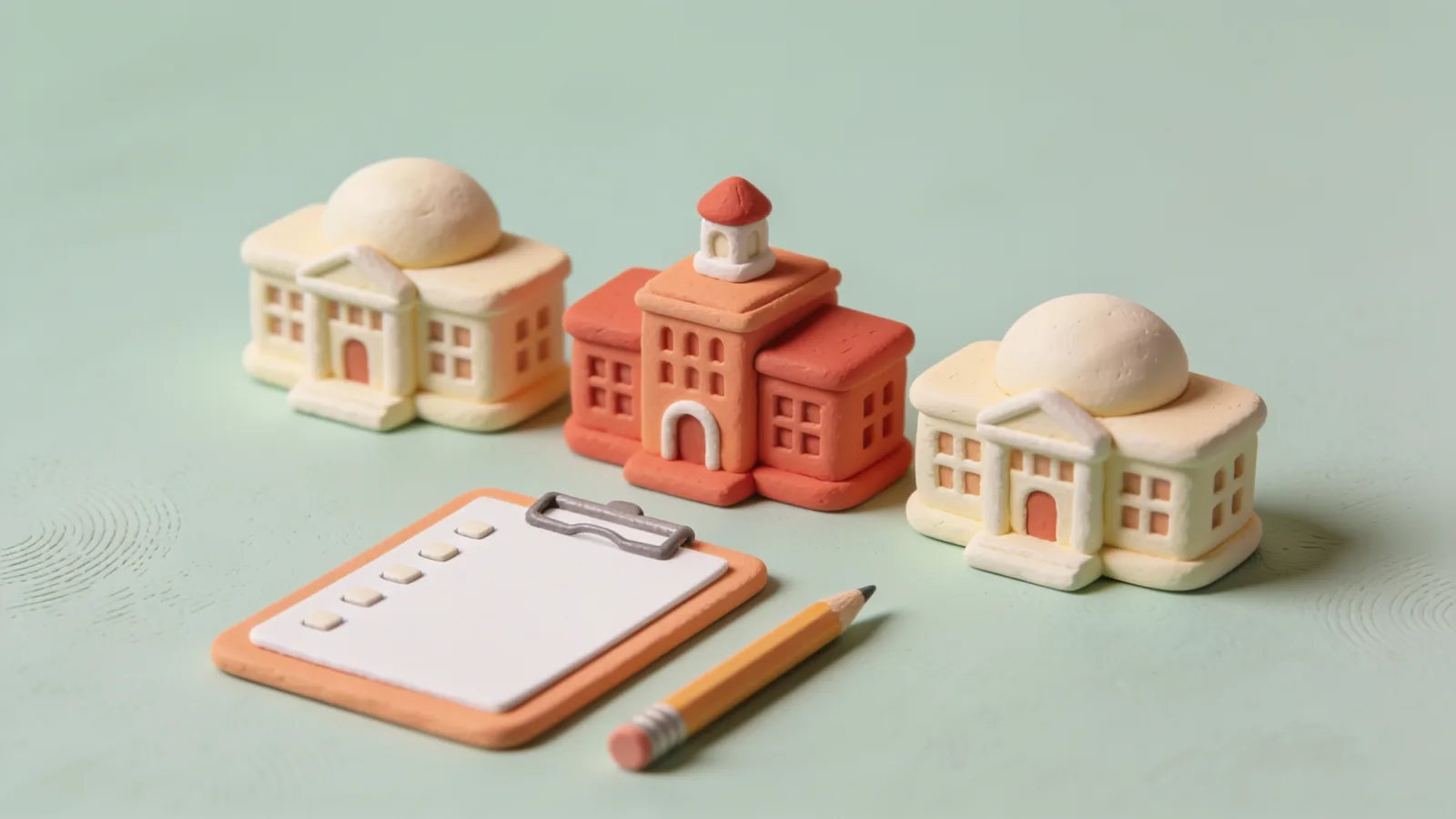 Clay illustration of three small college buildings behind a blank clipboard checklist and a pencil