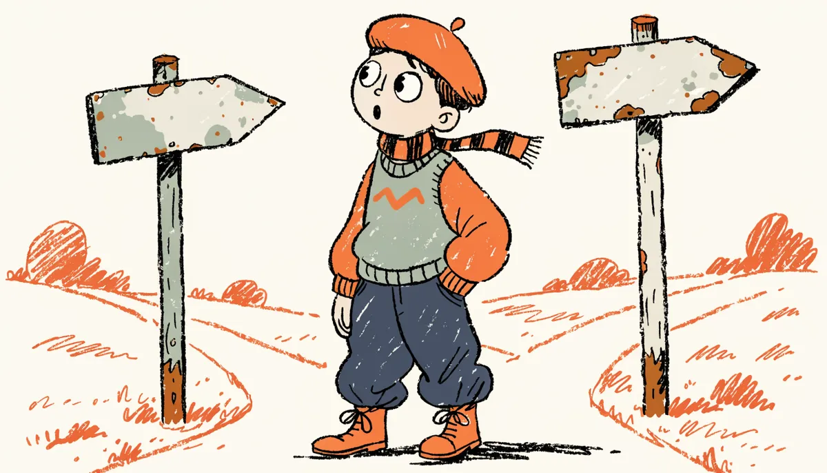 A cartoon student standing at a fork in a path, looking at two signposts pointing in different directions