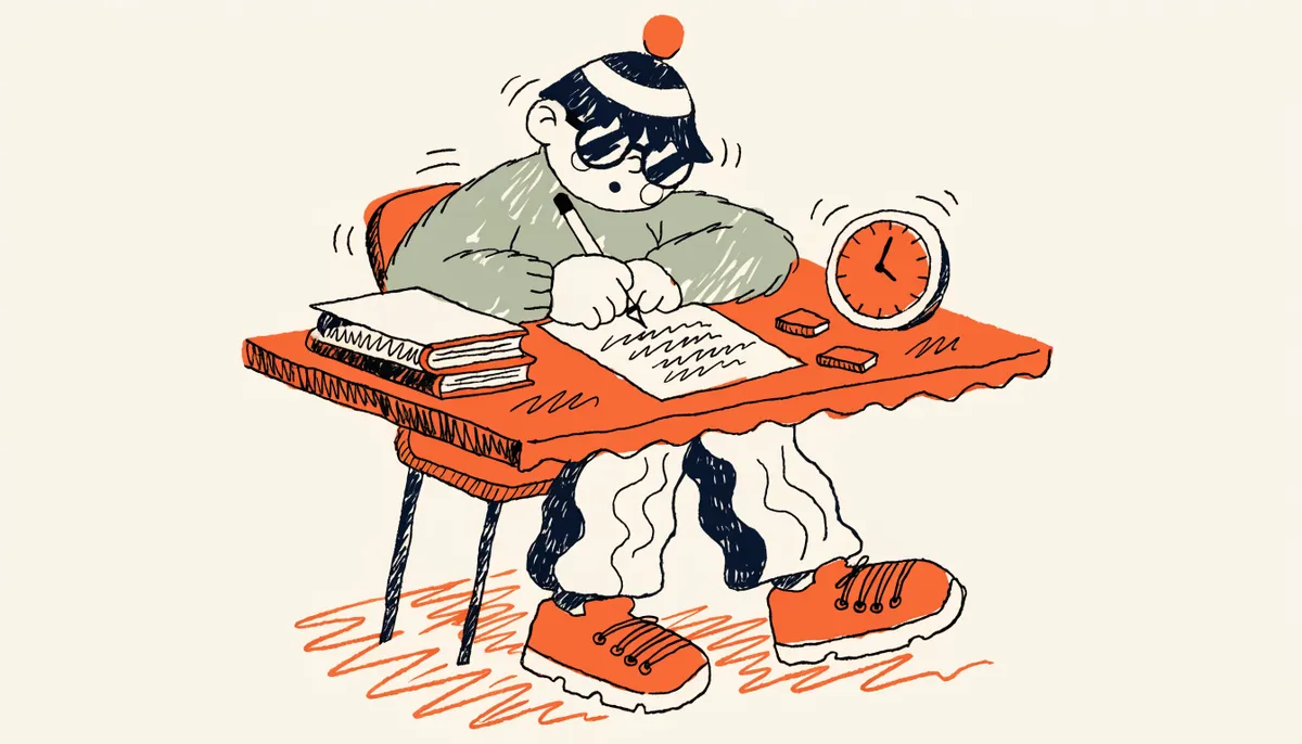 A cheerful cartoon student taking a timed practice test at a desk with a small clock nearby