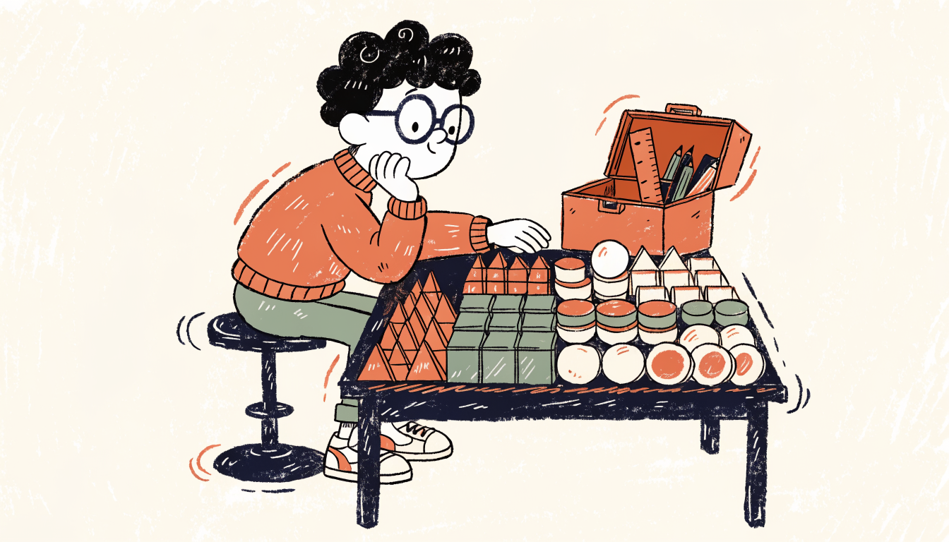 Retro cartoon illustration of a student sorting colorful geometric building blocks into organized piles