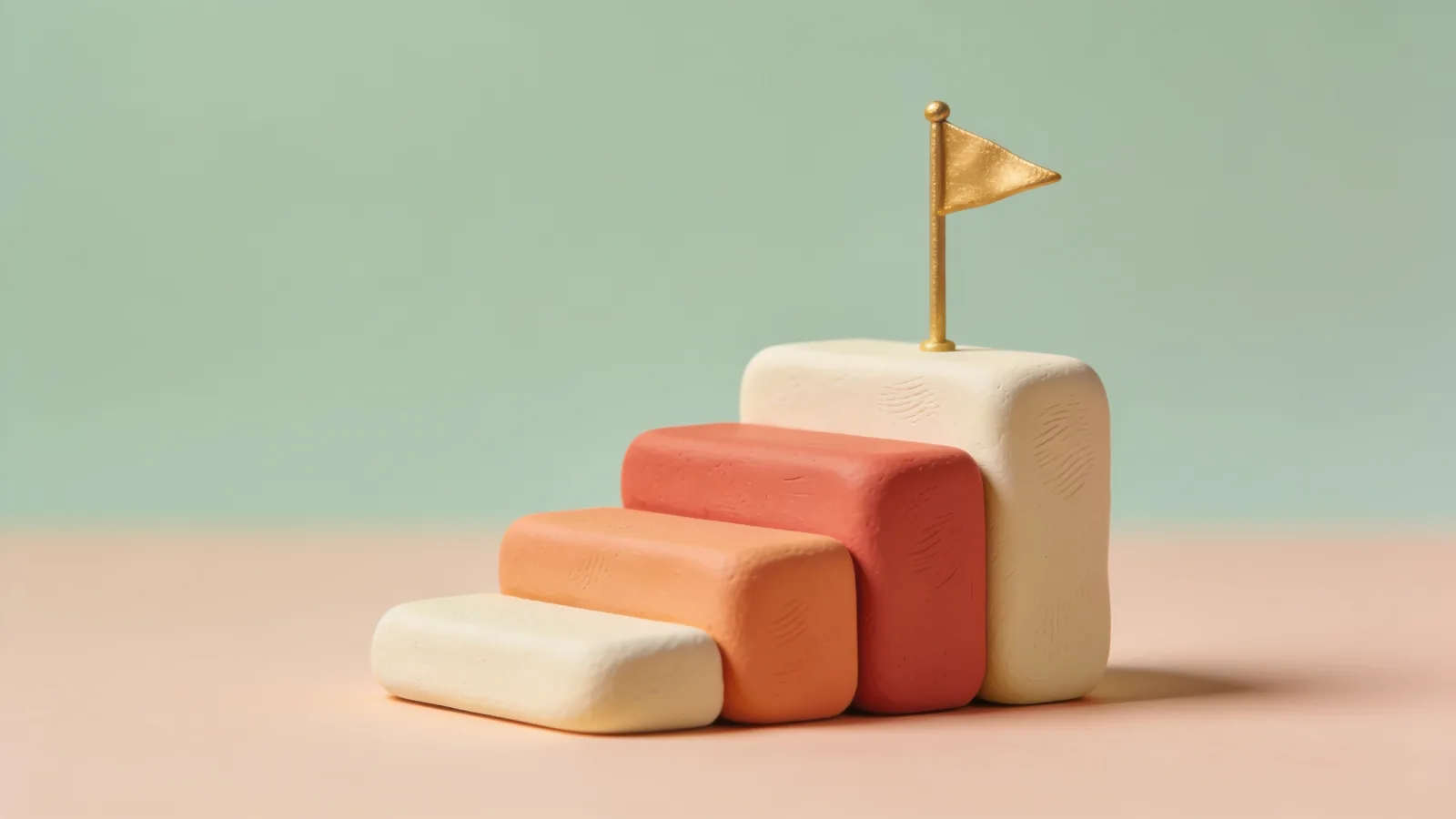 Clay illustration of a four-step staircase in cream, peach and coral, with a small gold flag on the top step