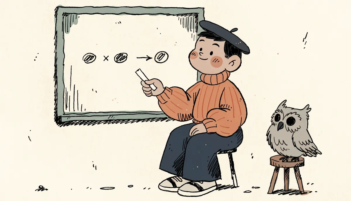 Cartoon student at a chalkboard showing a simple diagram of combining two section scores into one output