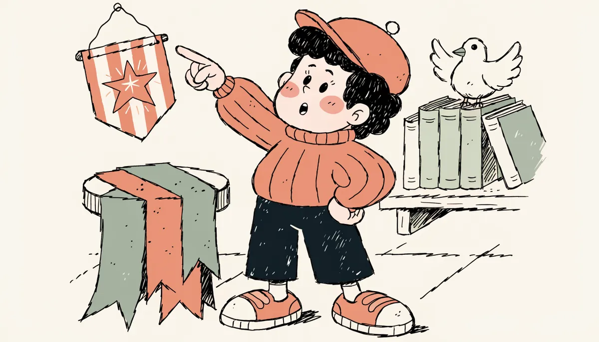 Cartoon student near a podium with three hanging ribbons of different sizes