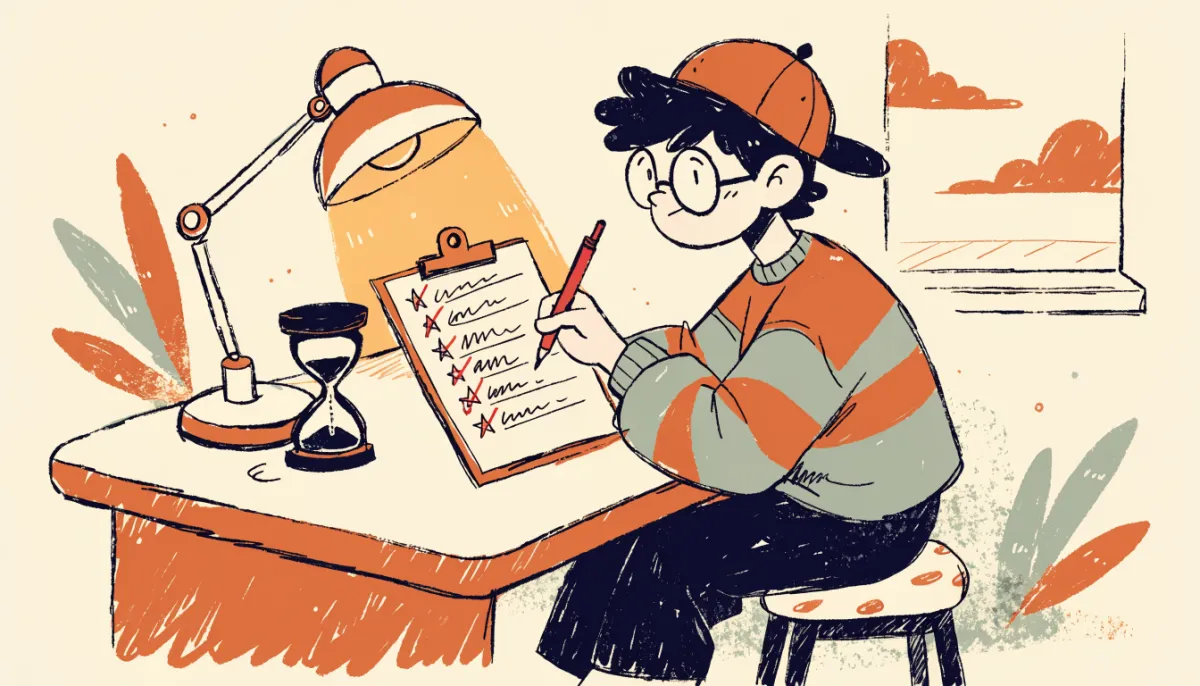 Retro cartoon illustration of a student methodically checking items off a clipboard with a red pen