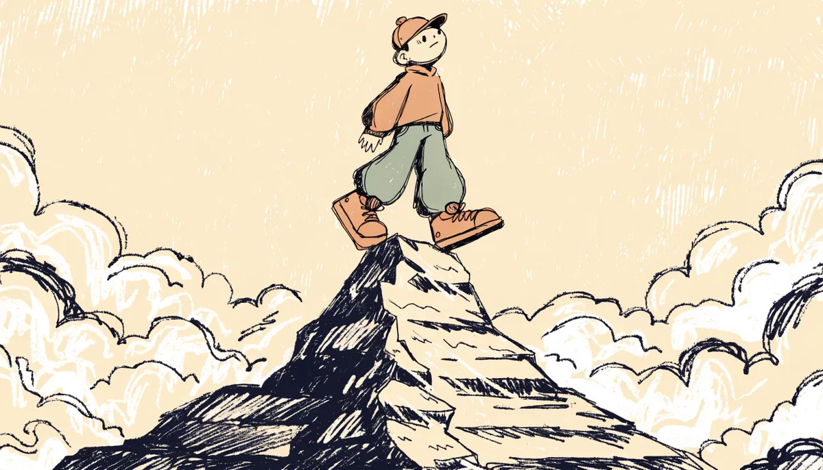A determined cartoon student taking the final step onto a high mountain peak