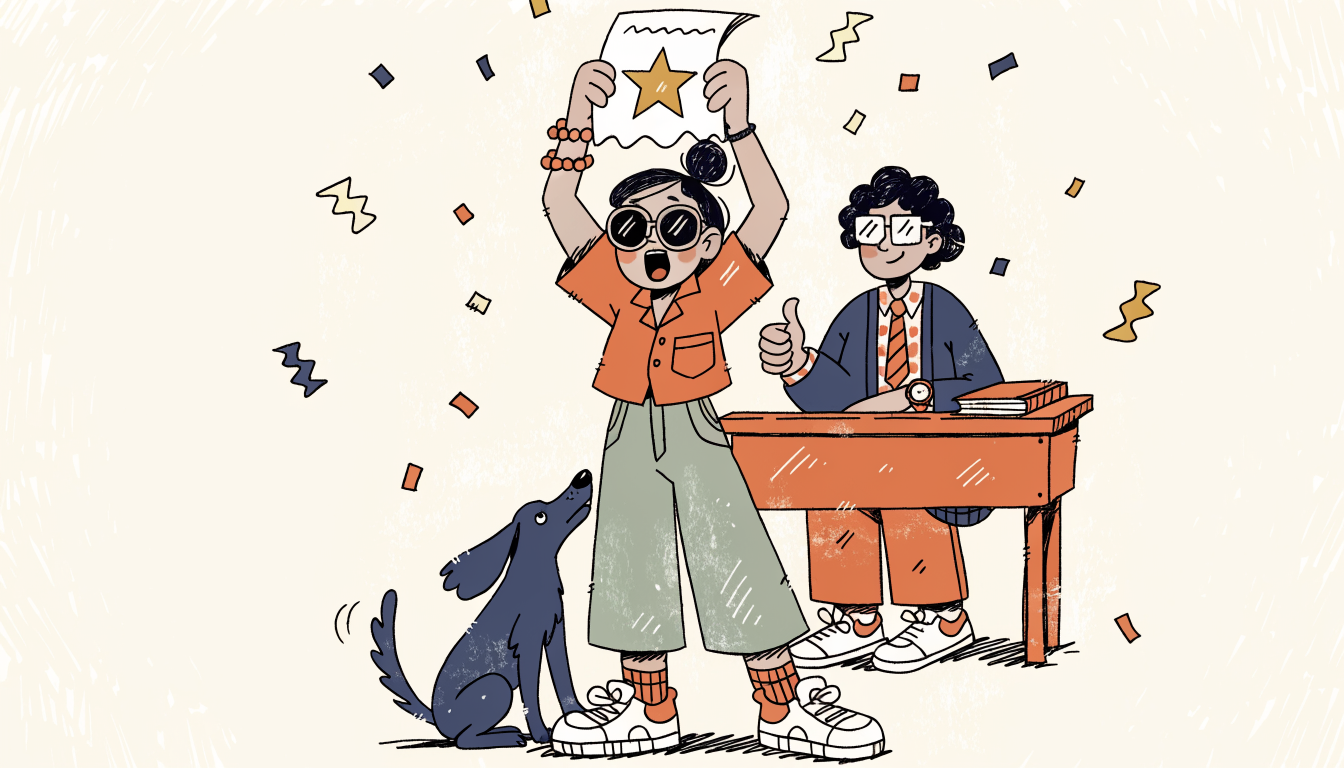Retro cartoon illustration of a student holding up a graded test with a gold star while confetti falls