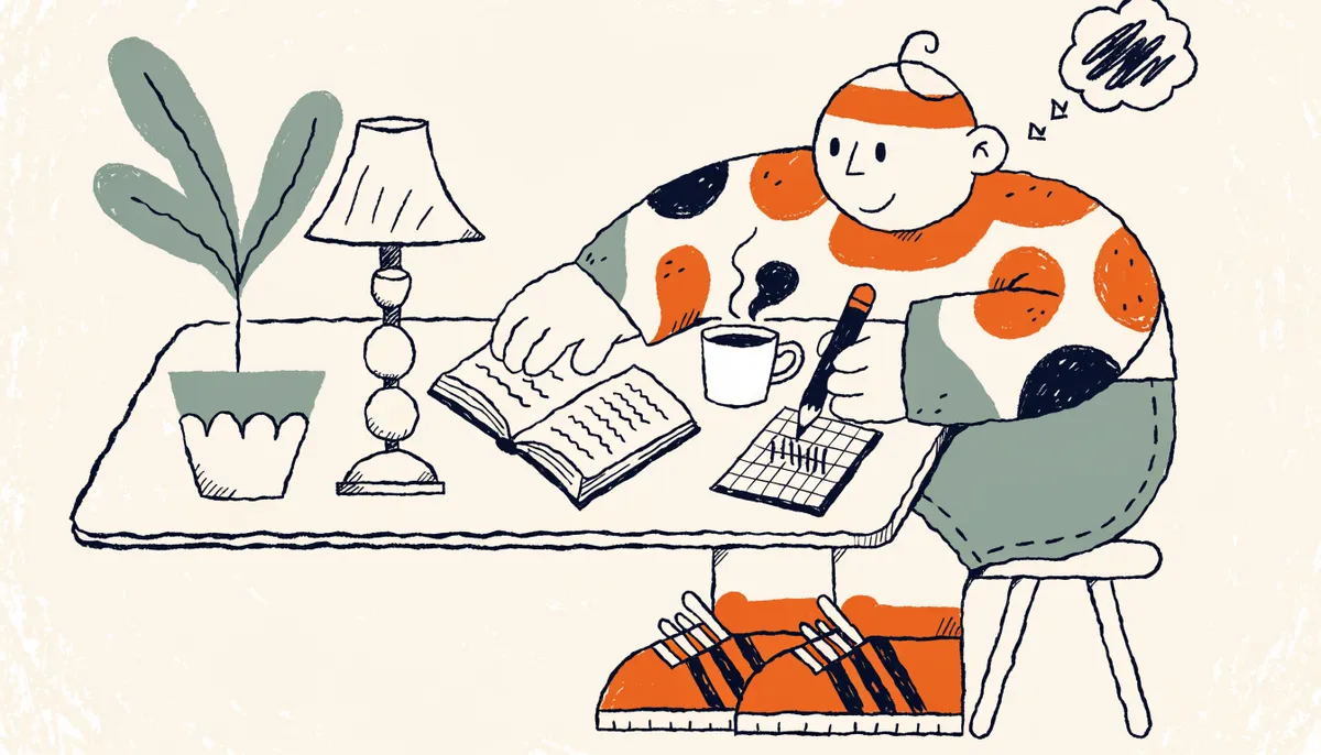 Cartoon student reading a book and taking notes on a pad with a pencil