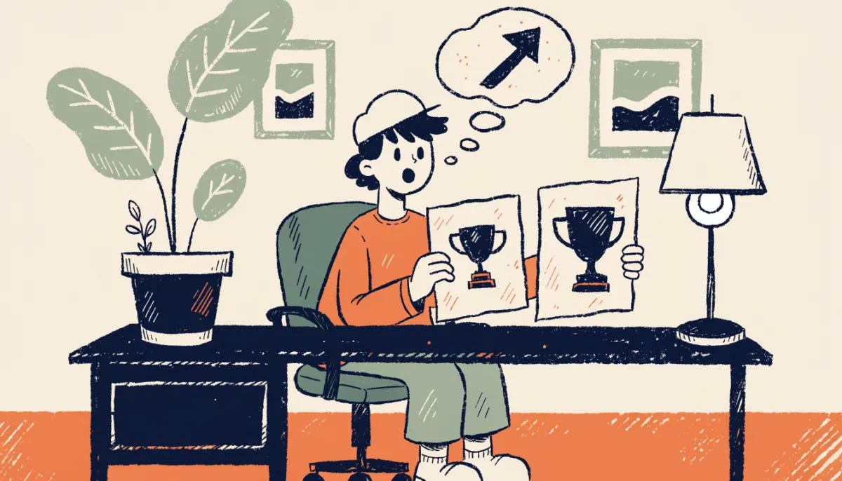 Cartoon student holding two paper reports comparing a small trophy to a larger one with an upward arrow between them