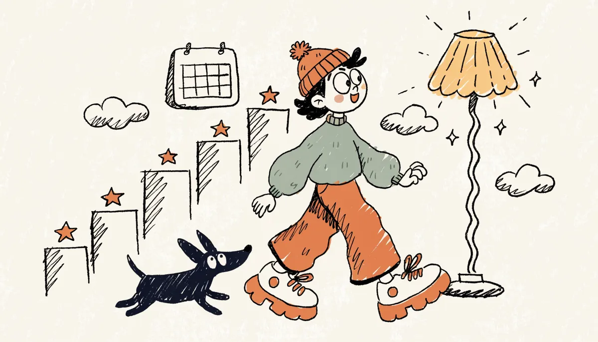 Cartoon student climbing a hand-drawn bar chart with rising bars topped with stars