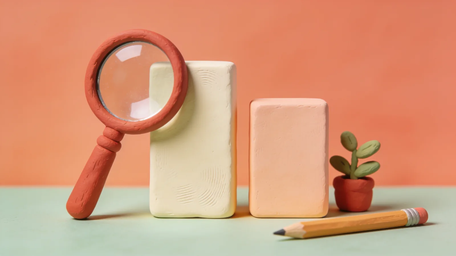 Clay illustration of two blank bar blocks of different heights, a cream one and a shorter peach one, with a red magnifying glass leaning on the taller block, a pencil and a small potted plant
