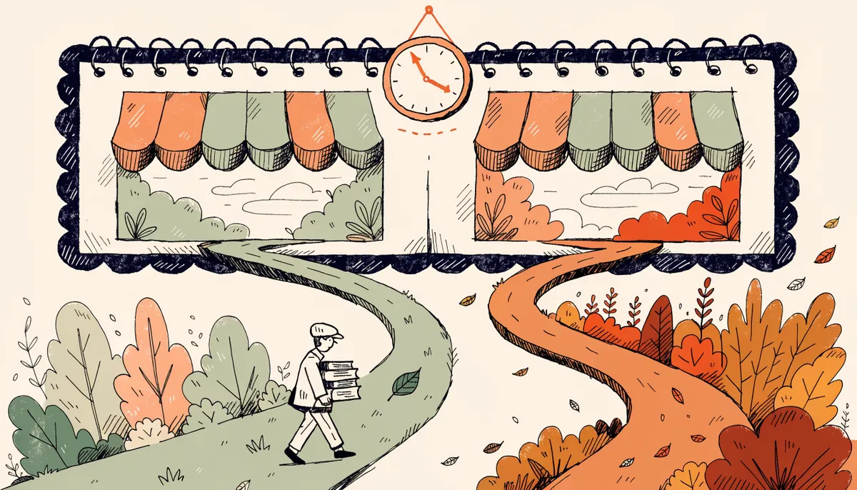 Illustration of a calendar showing two months with a clock above and a winding road transitioning from spring green to autumn amber in vintage retro style