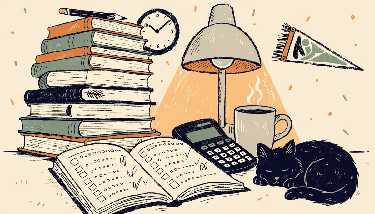 Illustration of a warm desk scene with test prep books, calculator, steaming coffee and a sleeping cat in vintage retro style