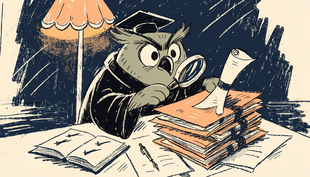 Illustration of an owl in professor robes examining application folders with a magnifying glass in vintage retro style