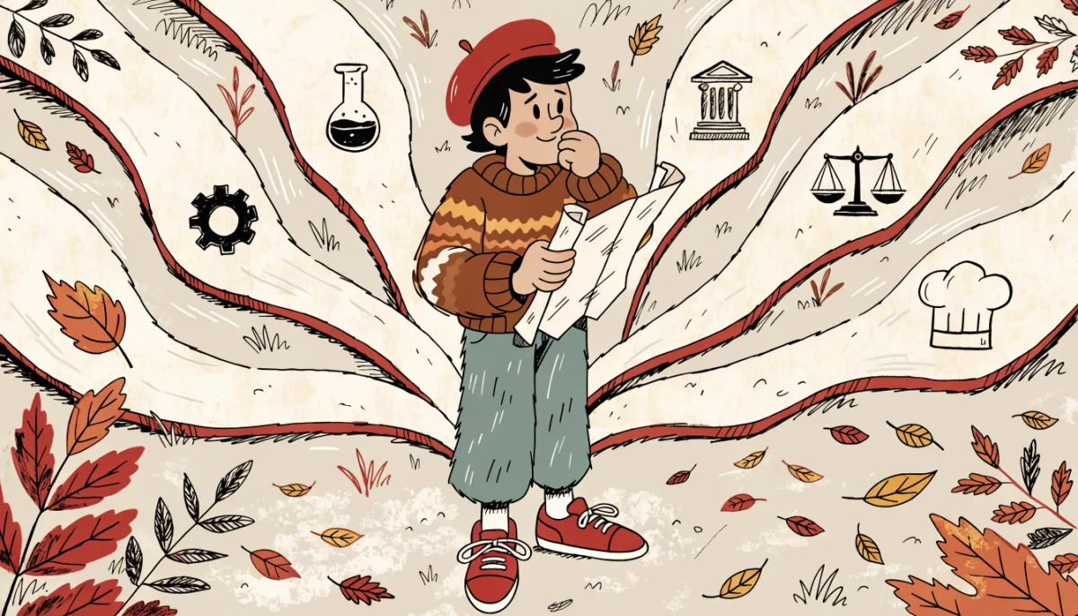 Illustration of a thoughtful student at a fork with paths leading to different academic icons including a beaker, gear, leaf, column, scale, chef hat, and pen, in vintage retro animation style