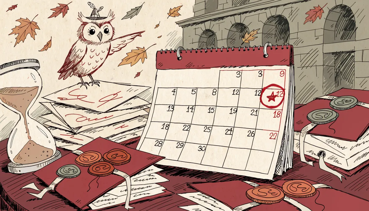 Illustration of a vintage wall calendar with an early November date circled, an hourglass, application folders sealed with wax stamps and a wise owl pointing at the date in vintage retro animation style