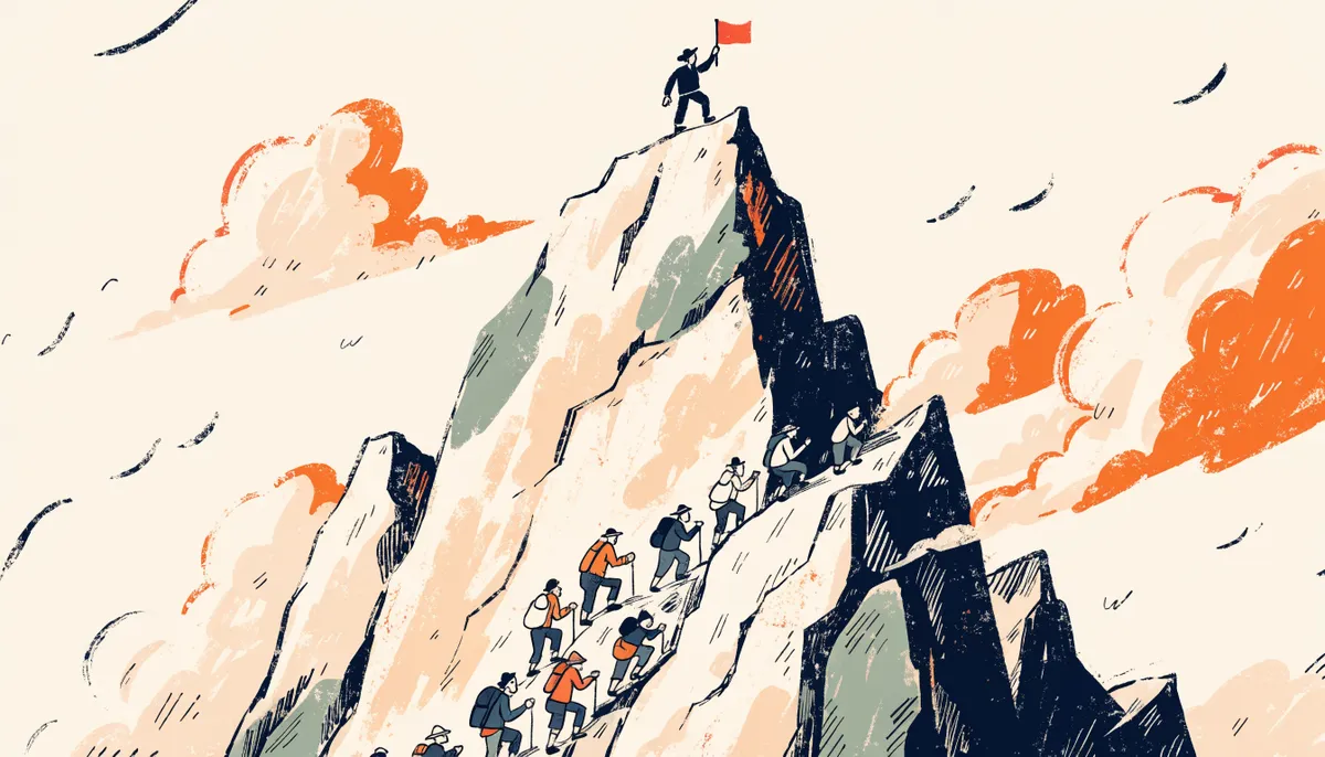 Illustration of a small student figure near the summit of a tall mountain with many other climbers below in vintage retro style