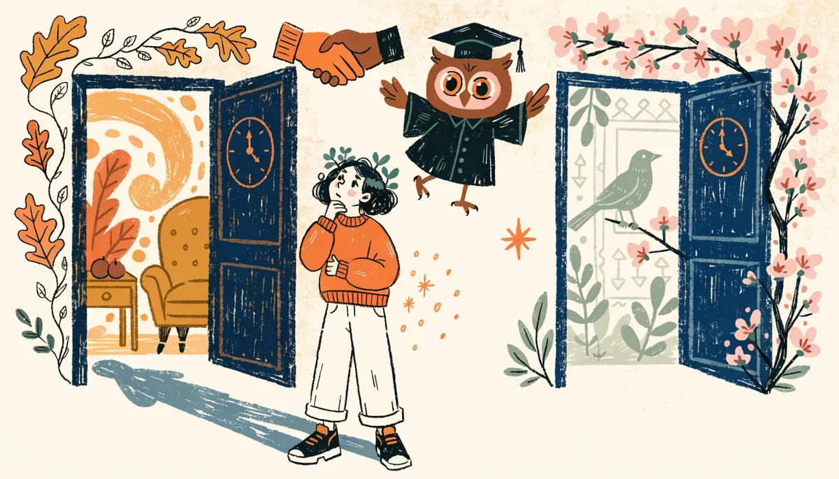 Illustration of a student choosing between two doorways, one autumn-themed with a handshake icon and one spring-themed, in vintage retro style