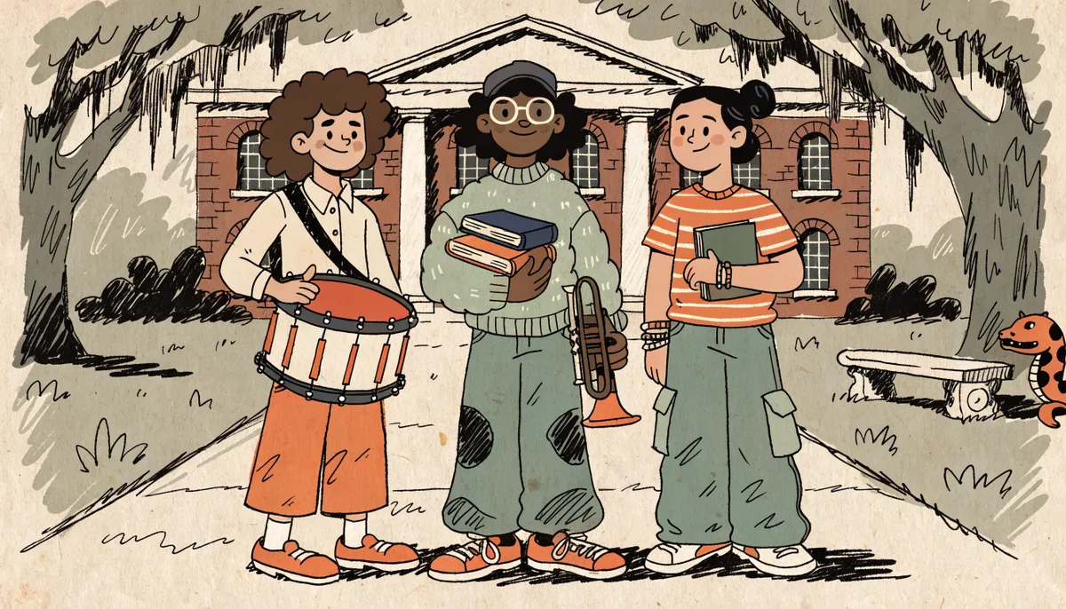 Illustration of three students with marching band instruments standing on a sunlit campus path with columned building in the background and a snake mascot in vintage retro animation style