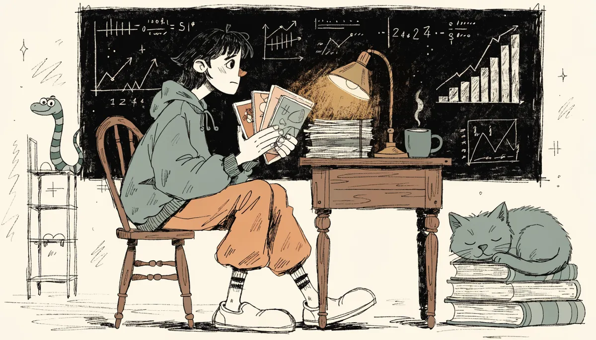 Illustration of a determined student holding three test booklets, with a chalkboard of math equations behind them, in vintage retro animation style