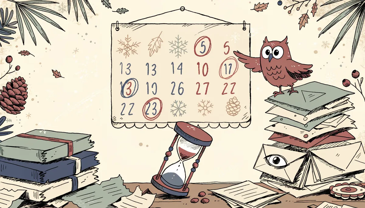 Illustration of a calendar with multiple FAU deadline dates circled, an hourglass, application folders and a wise owl pointing at the earliest date in vintage retro animation style