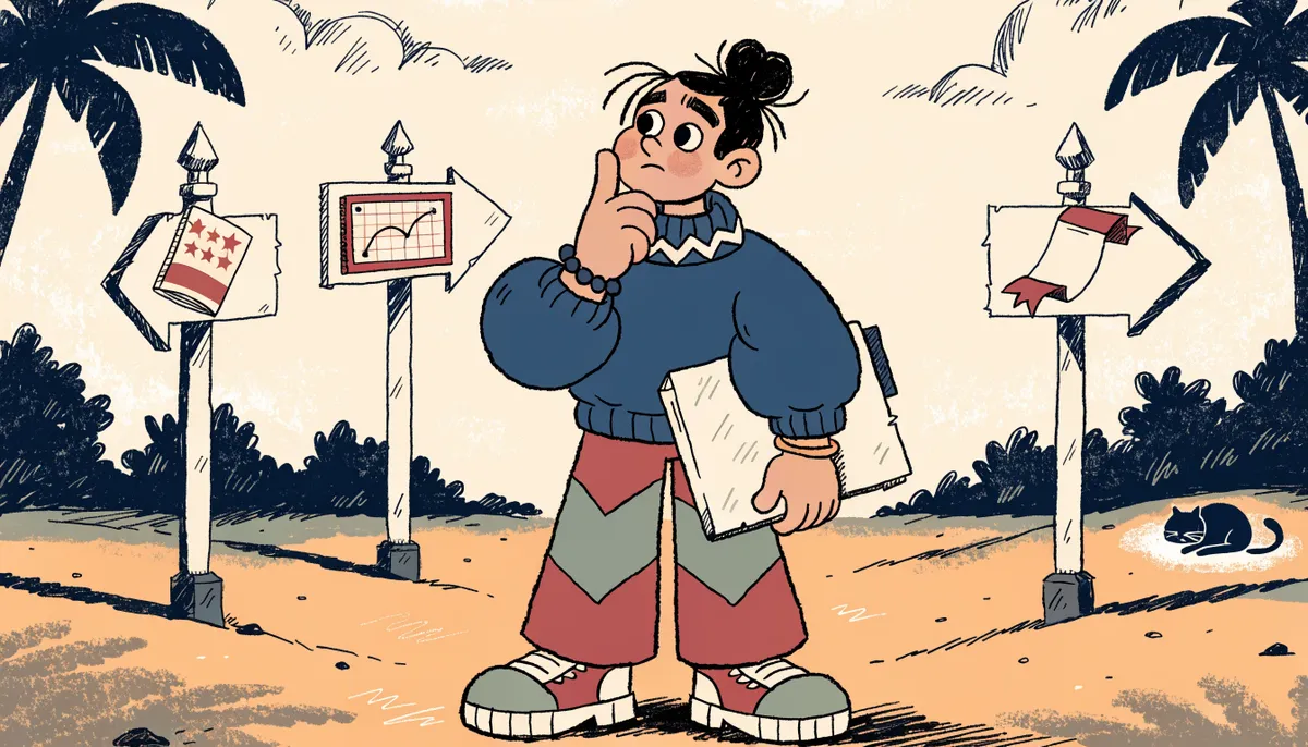 Illustration of a thoughtful student at a fork with three test booklet signposts representing the SAT, ACT, and CLT options in vintage retro animation style