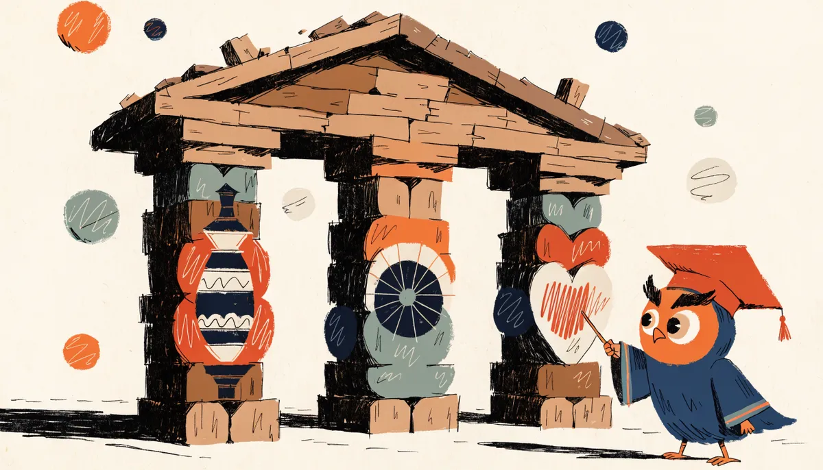 Illustration of three classical pillars labeled with abstract symbols and an owl in academic robes gesturing at them