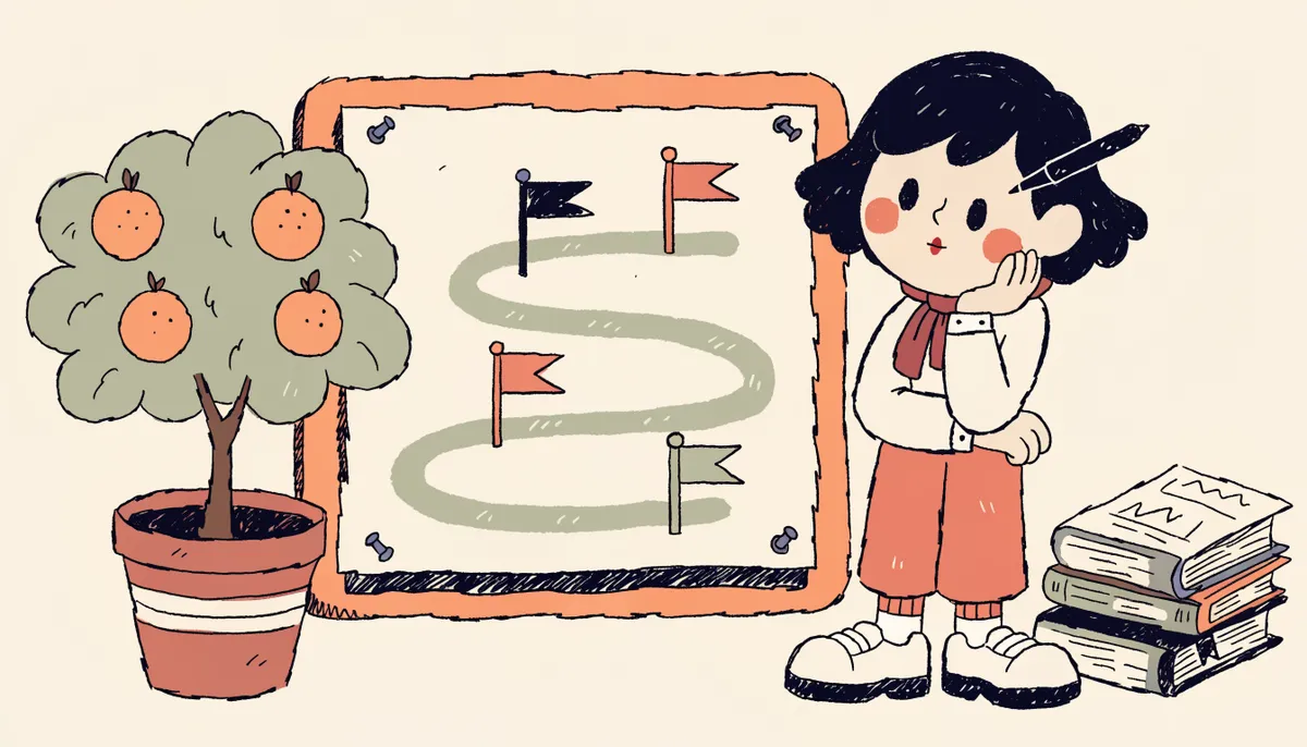 Illustration of a calendar with three timeline flags and a student planning with test prep booklets nearby