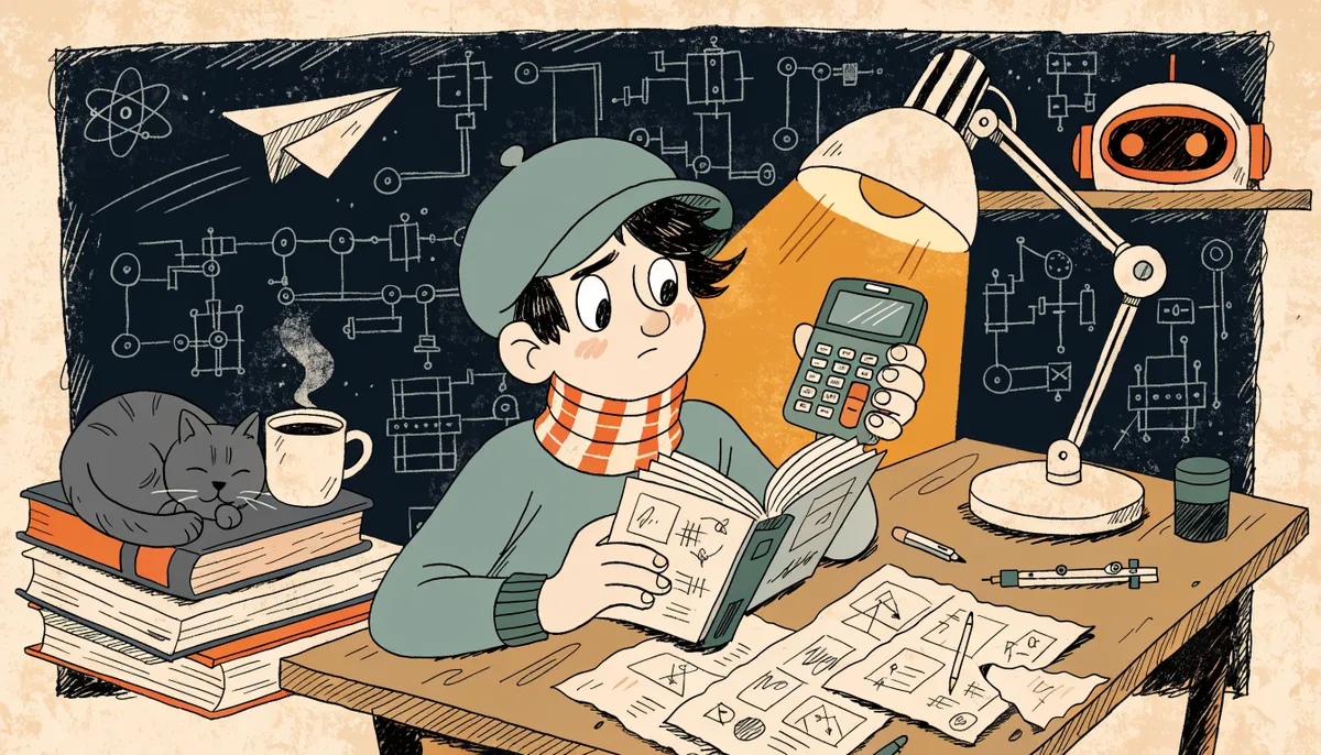 Illustration of a focused student studying at a desk with a graphing calculator and a math textbook, a small robot mascot on a shelf, in vintage retro animation style