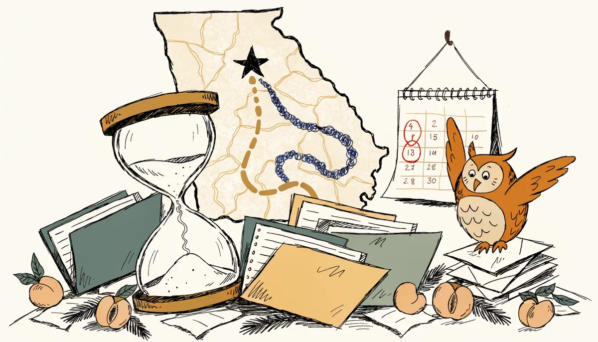 Illustration of a hand-drawn map of Georgia with paths from inside and outside the state leading to Atlanta, an hourglass, application folders and a vintage calendar in retro animation style
