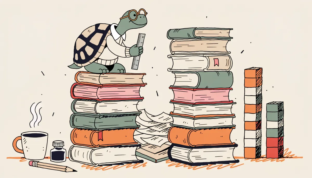 Illustration of a tortoise professor measuring two stacks of wooden blocks representing SAT and ACT score distributions