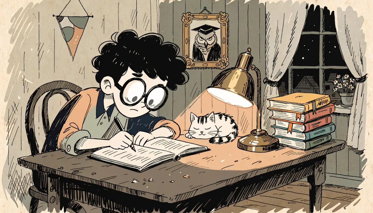 Illustration of a student studying late at night with practice tests and a brass desk lamp