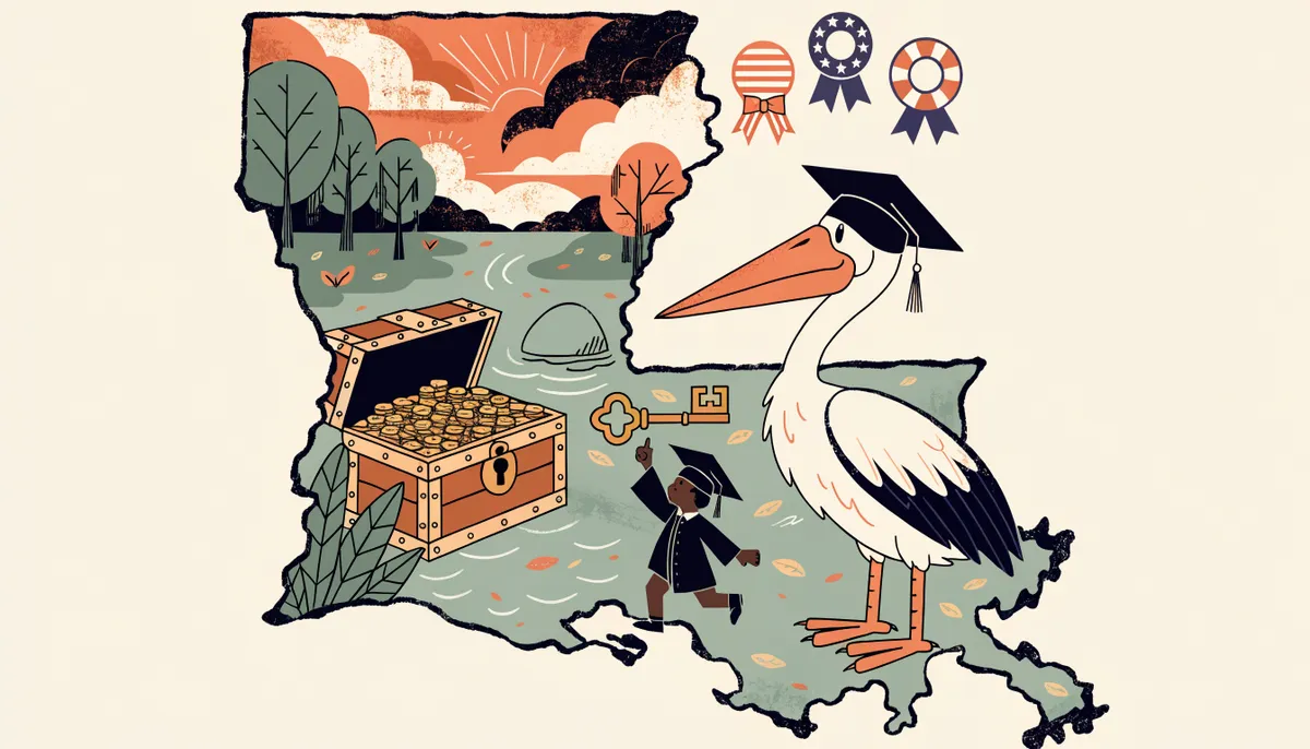 Illustration of a Louisiana state-shaped scene with scholarship medals floating above and a student receiving a key in vintage retro style
