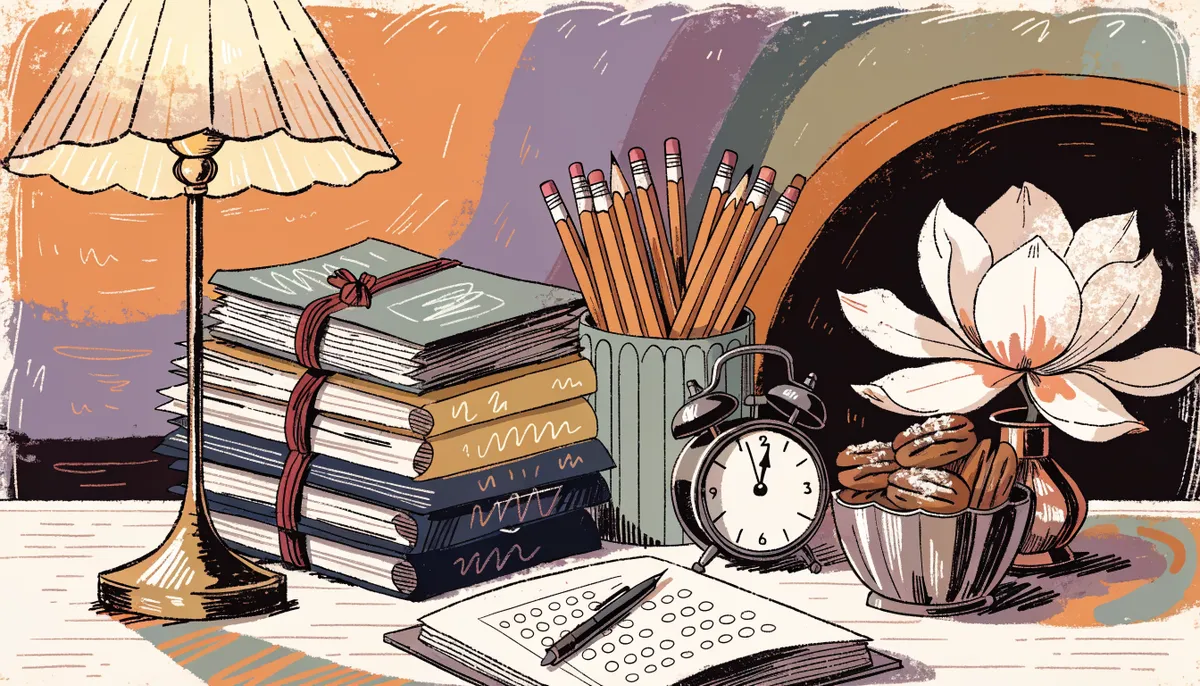 Illustration of a study desk with transcripts, practice booklet, alarm clock and pecan pralines in vintage retro style
