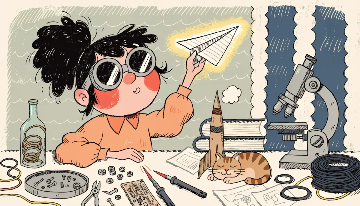 Illustration of a cartoon student at a workbench with circuits, rockets, and a microscope holding a paper airplane