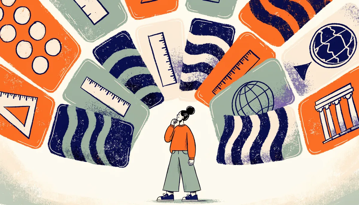 Illustration of a student considering a fanned-out set of academic test option cards in vintage retro style