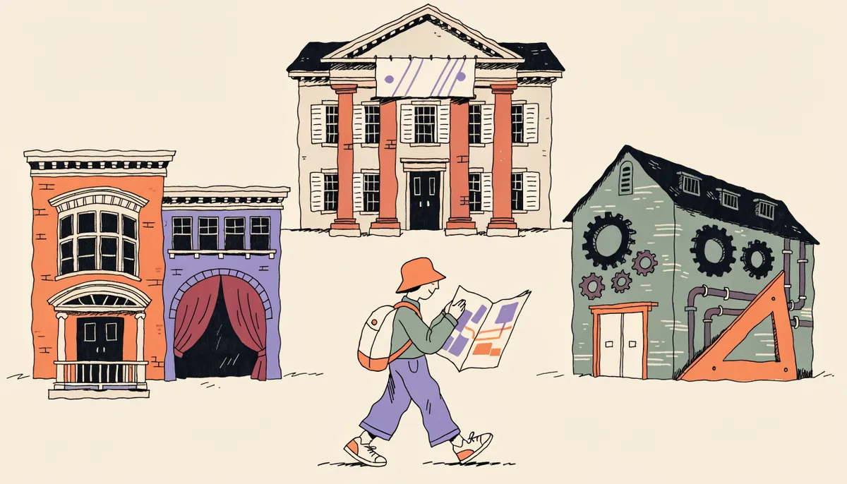 Illustration of three different NYU school buildings - theater, business and engineering with a student deciding between them in vintage retro style