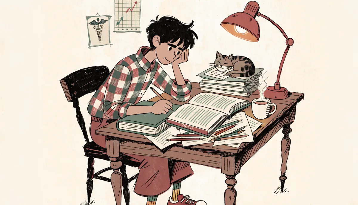 Illustration of a focused student preparing for the SAT and ACT at a desk with prep books, with pre-med and business posters in the background, in vintage retro style