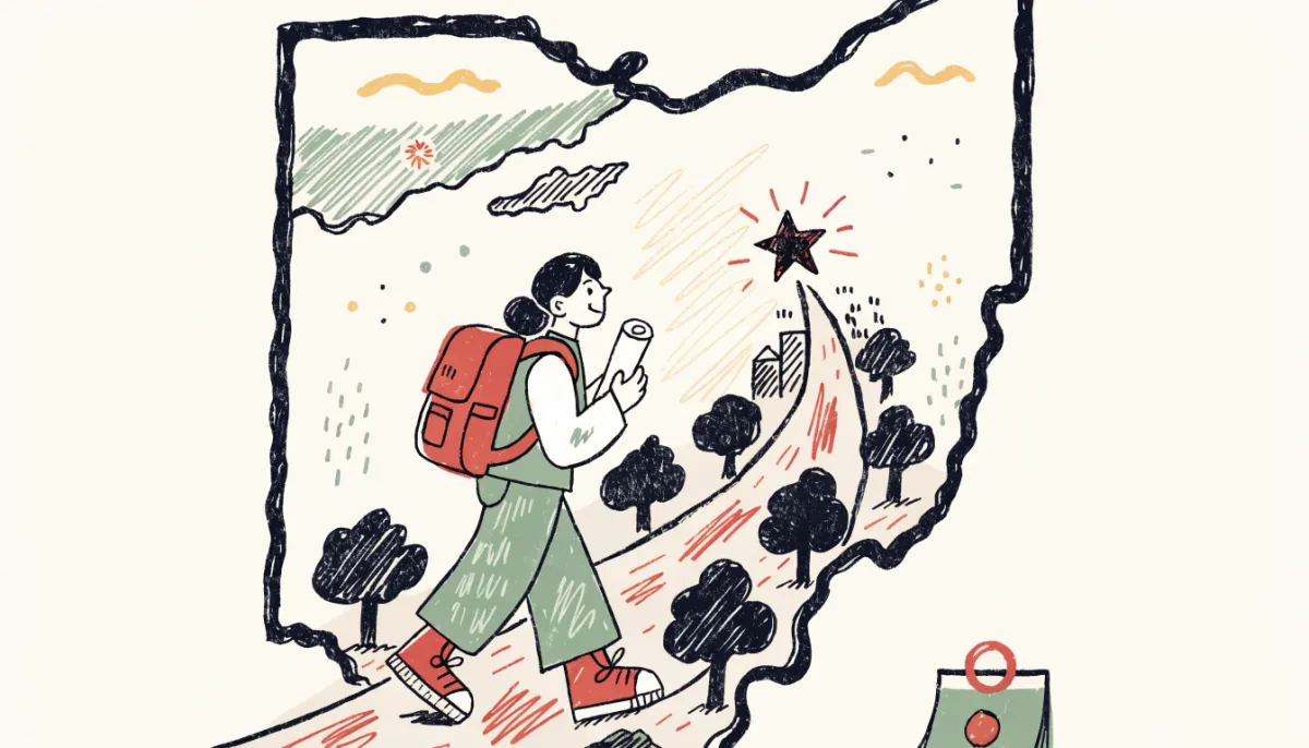 Illustration of a hand-drawn Ohio map with a star marking Columbus and a student walking toward it carrying an acceptance letter, in vintage retro style