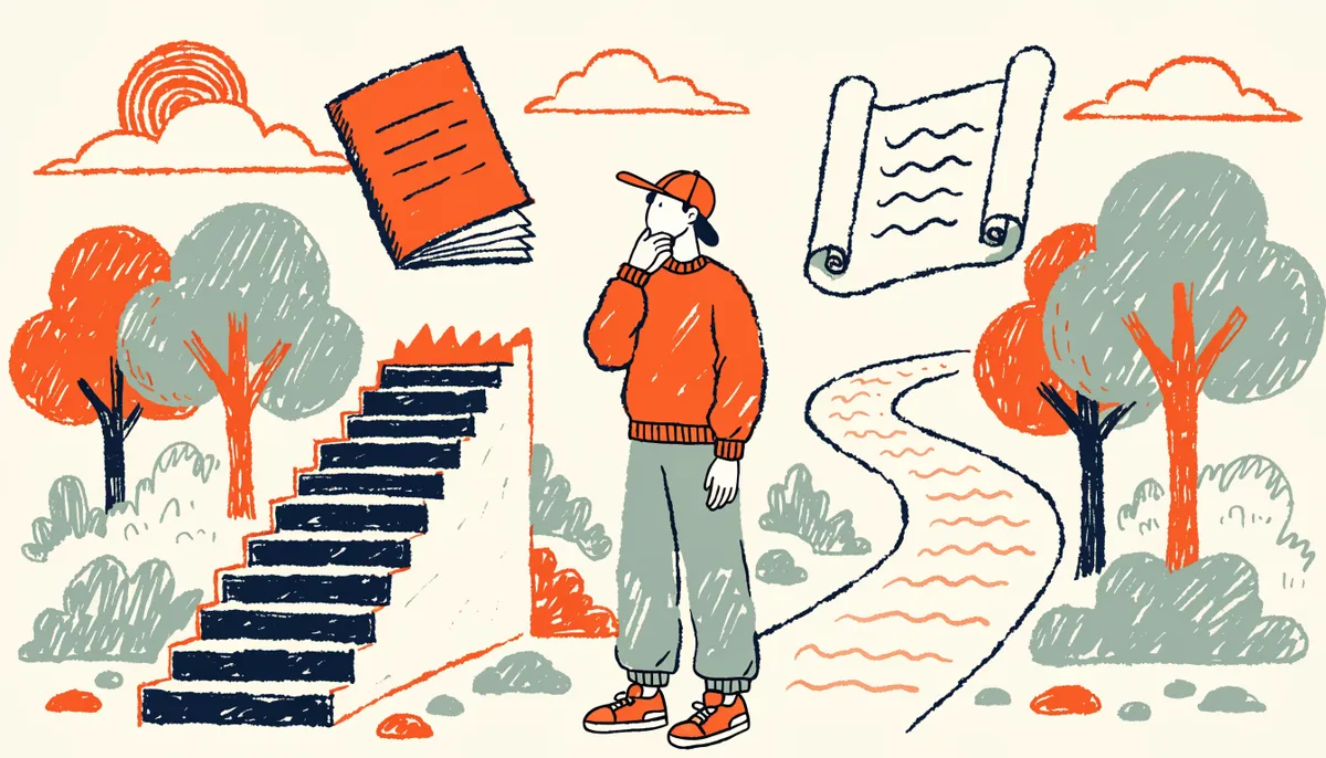 Illustration of a student at a crossroads deciding between a path marked with a test booklet and a path marked with an essay scroll