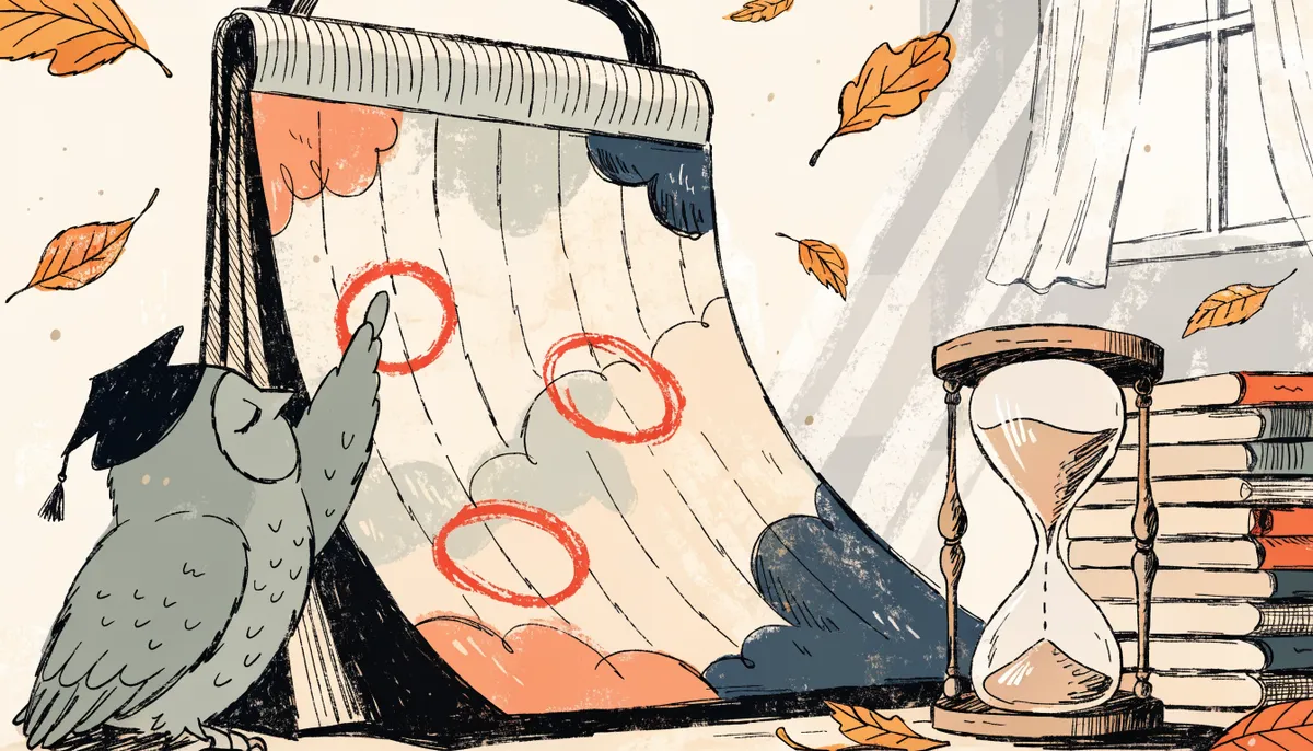 Illustration of a calendar with deadlines circled, an hourglass, application folders and a small owl pointing at the earliest date in vintage retro style