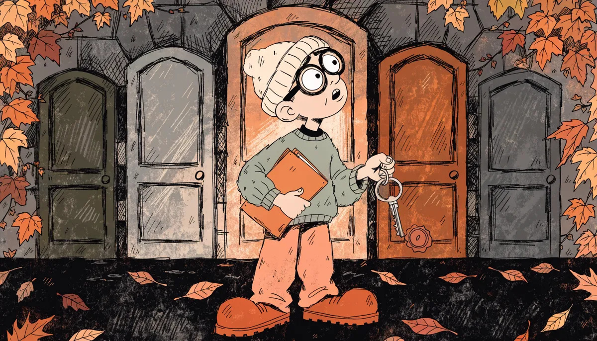 Illustration of a thoughtful student standing before a row of five doors with only the center door glowing softly, in vintage retro animation style