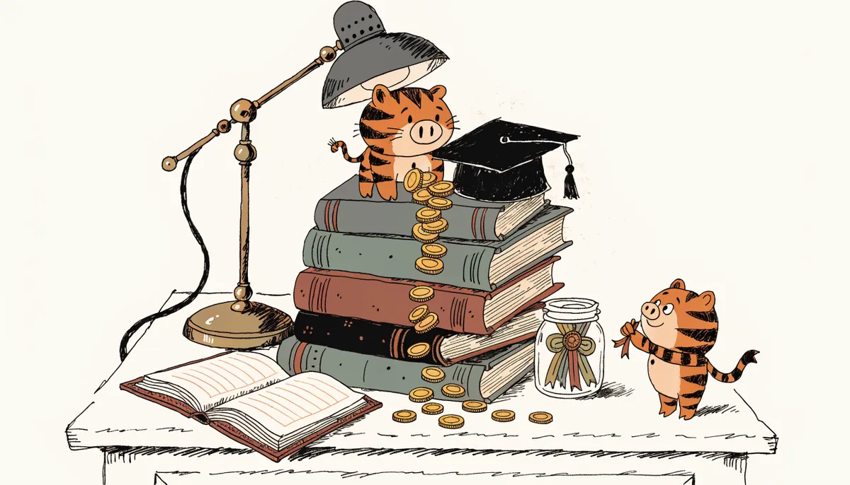 Illustration of a tiger-shaped piggy bank on a stack of textbooks with a friendly tiger mascot in vintage retro animation style