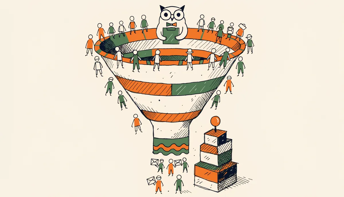 Illustration of an admissions funnel with many applicants entering and few emerging with acceptance letters