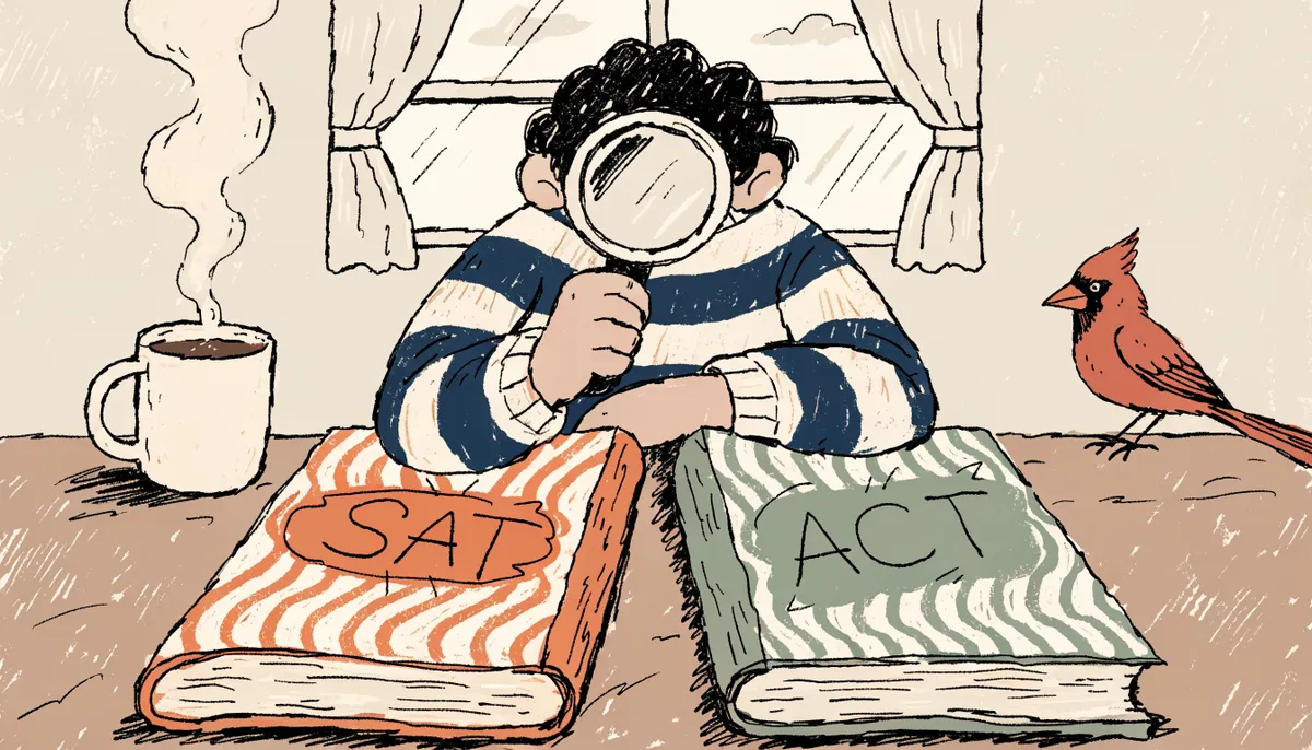 Illustration of a student comparing two test booklets with a magnifying glass beside a cardinal bird