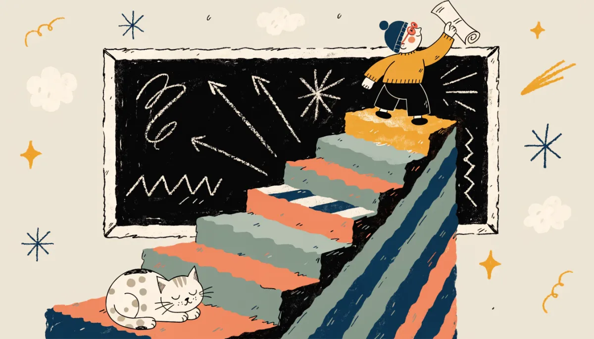 Illustration of a staircase with ten steps where a cartoon student stands at the top holding an acceptance letter