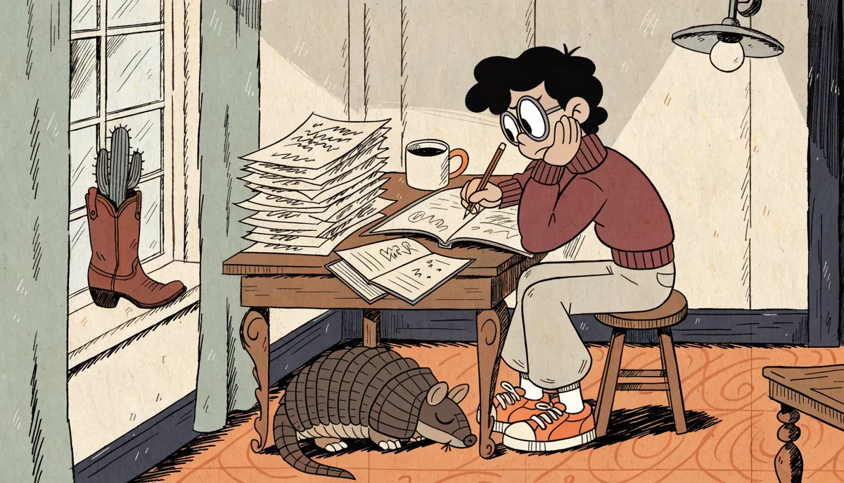 Illustration of a student at a study desk with essay drafts, cowboy boot planter, and an armadillo napping nearby
