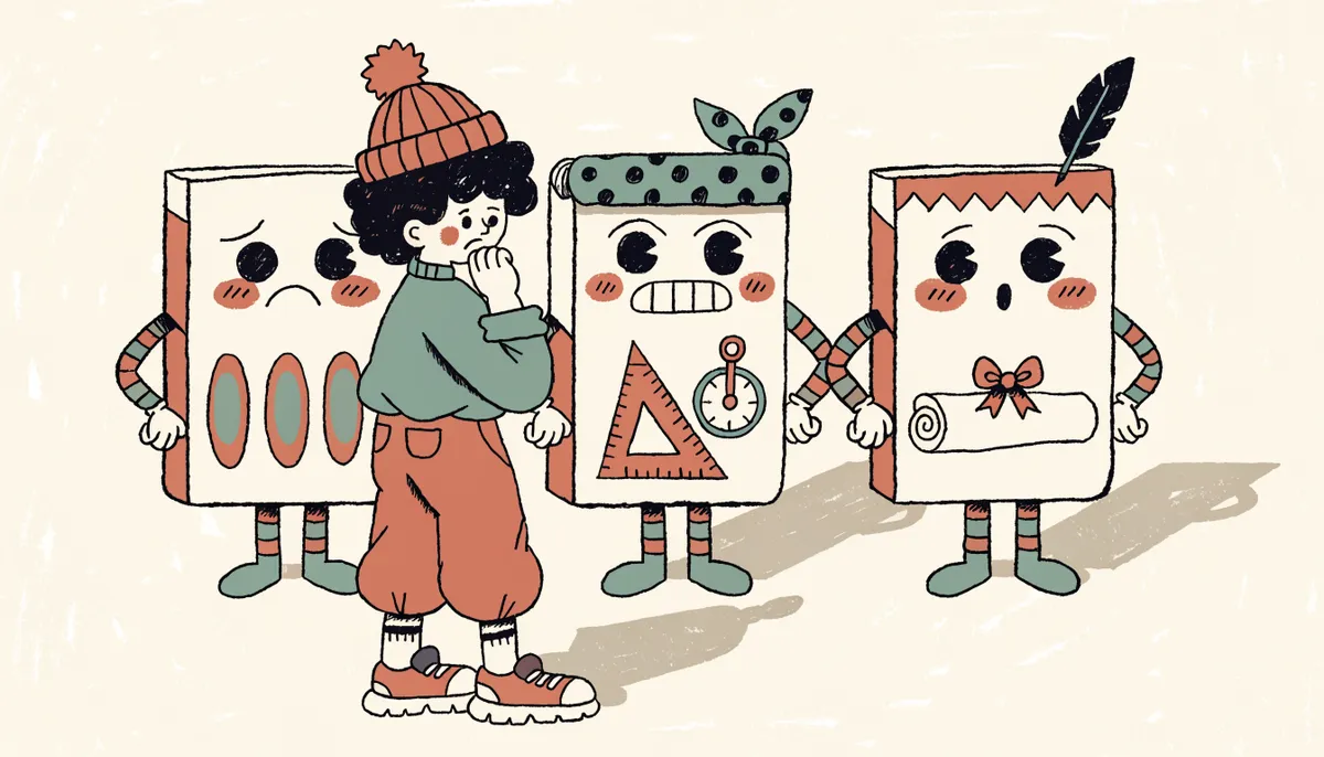 Illustration of three test booklet characters side by side representing SAT, ACT, and CLT options in vintage retro style