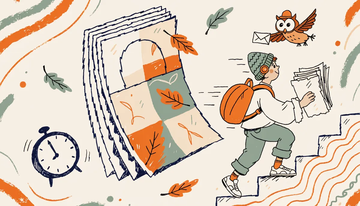 Illustration of a student racing up stairs toward a calendar while an owl carries a letter alongside in vintage retro style