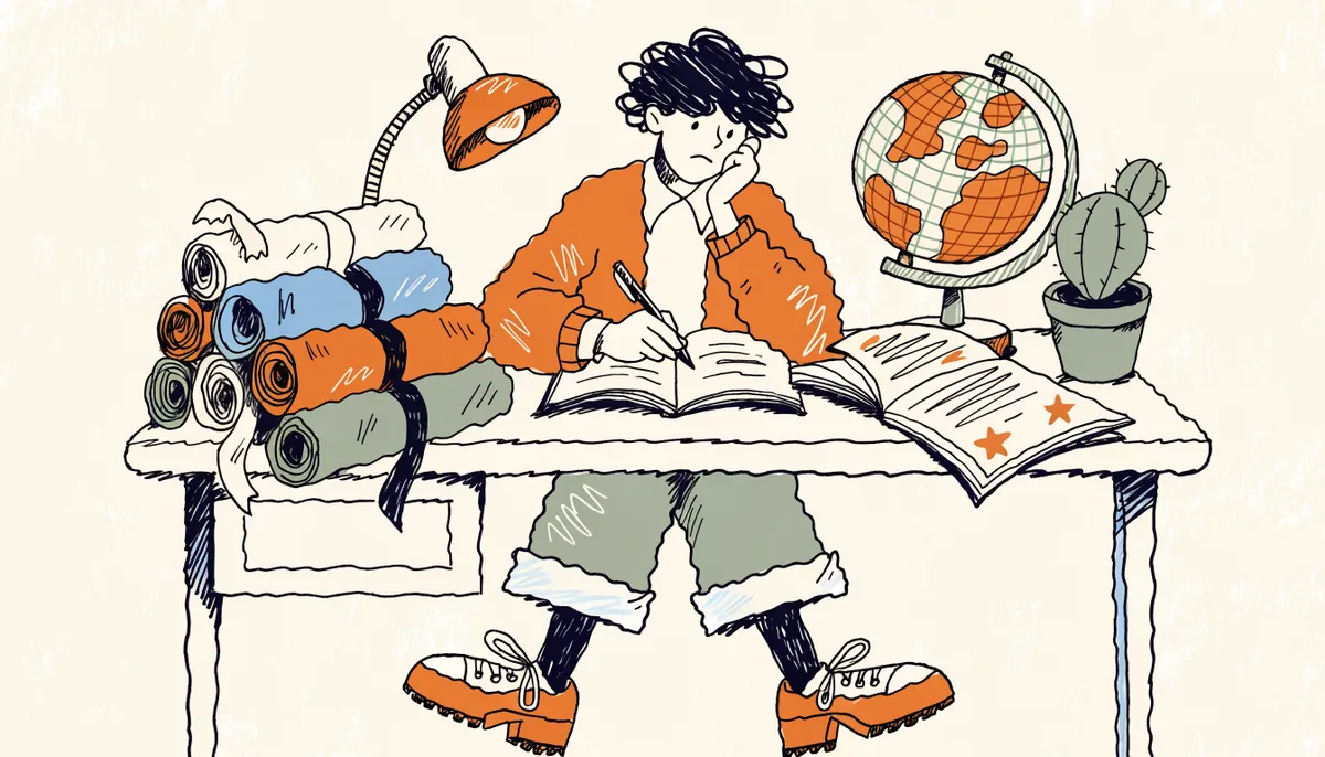 Illustration of a student at a wooden desk writing essays with rolled scrolls, transcript, globe and desk lamp nearby in vintage retro style